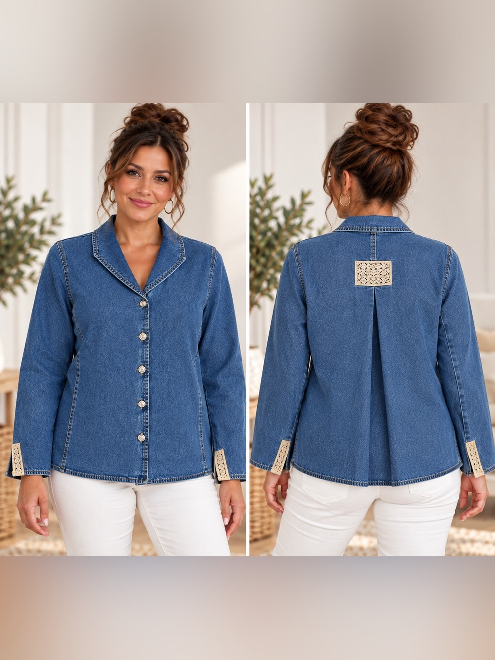 Vintage 90s Denim & Co Jacket Size S Blue Medium Wash Denim Lace Trim Shirt
